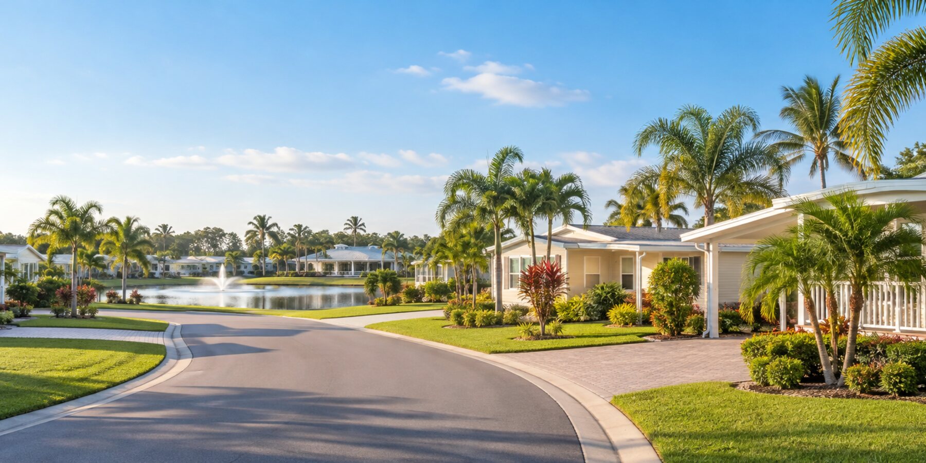 Attractive manufactured-home neighborhood with palms and a community lake in Southwest Florida